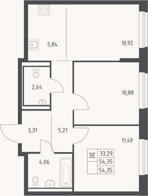 Планировка: 3-к, 54,4 м²