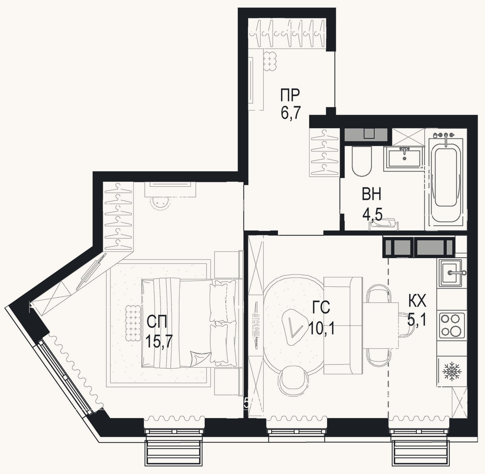 Планировка: 2-к, 42,1 м²