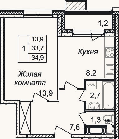 Планировка: 1-к, 33,7 м²