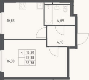 Планировка: 1-к, 35,4 м²