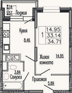 Планировка: 1-к, 33,9 м²