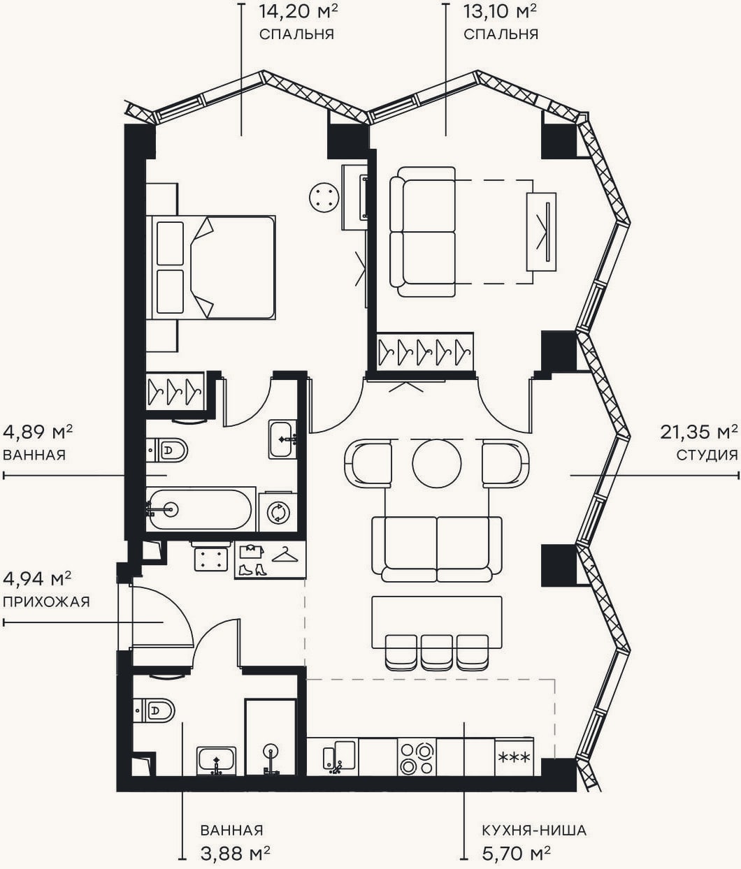 Планировка: 3-к, 68,1 м²
