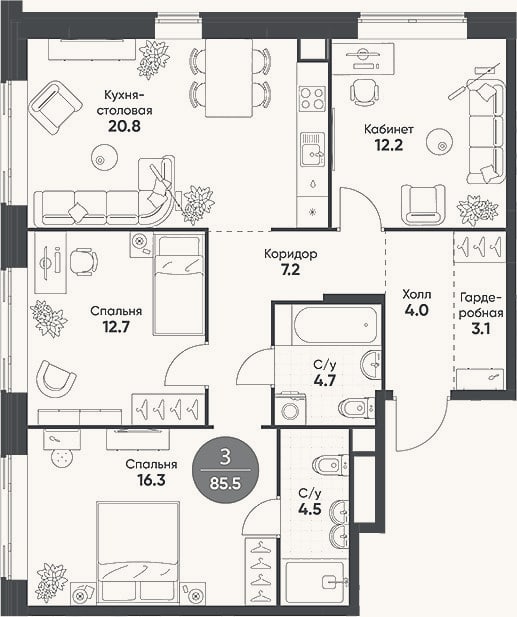 Планировка: 4+ к, 85,5 м²