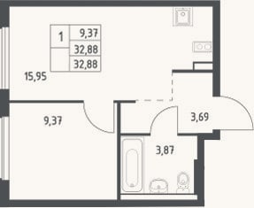 Планировка: 2-к, 32,9 м²