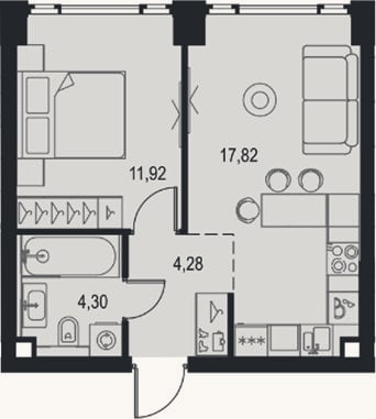 Планировка: 2-к, 38,3 м²