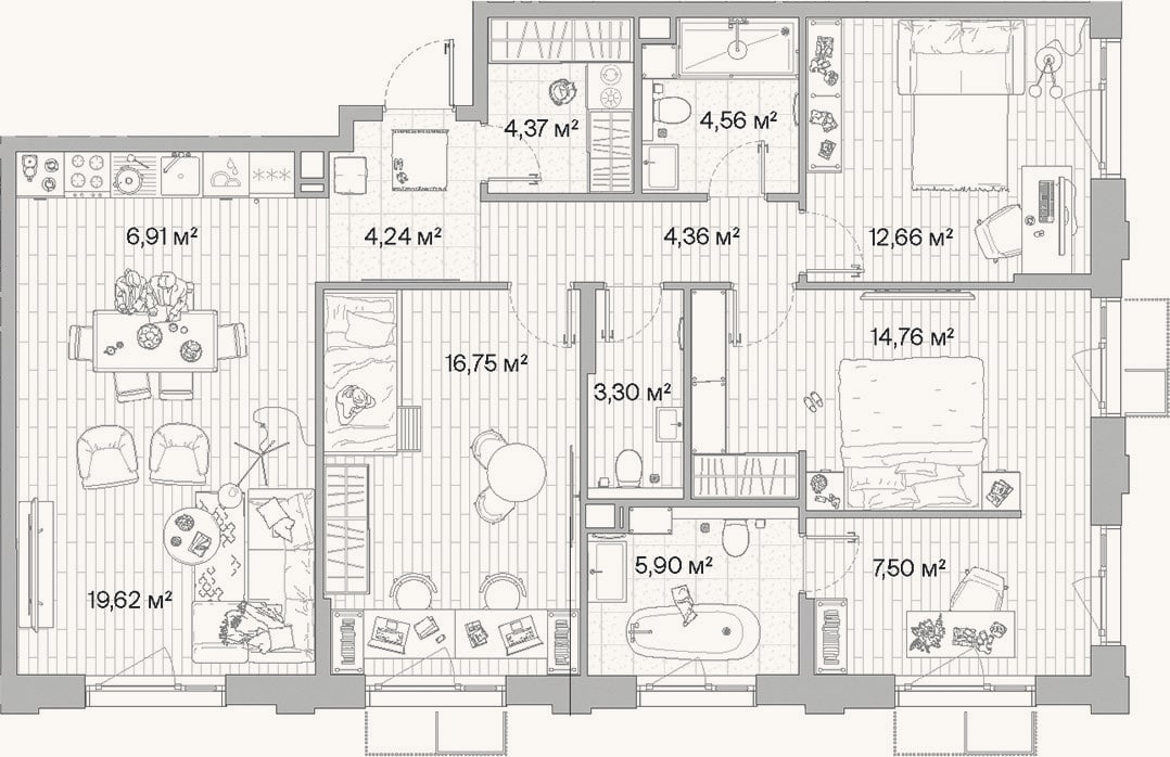 Планировка: 4+ к, 104,9 м²