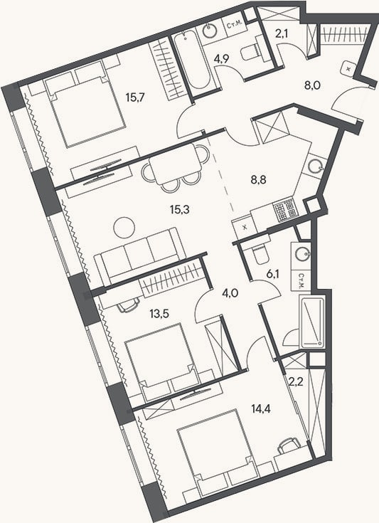 Планировка: 4+ к, 95 м²