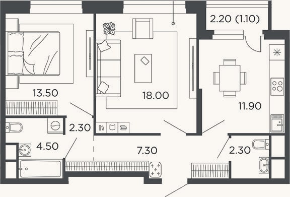 Планировка: 2-к, 59,8 м²