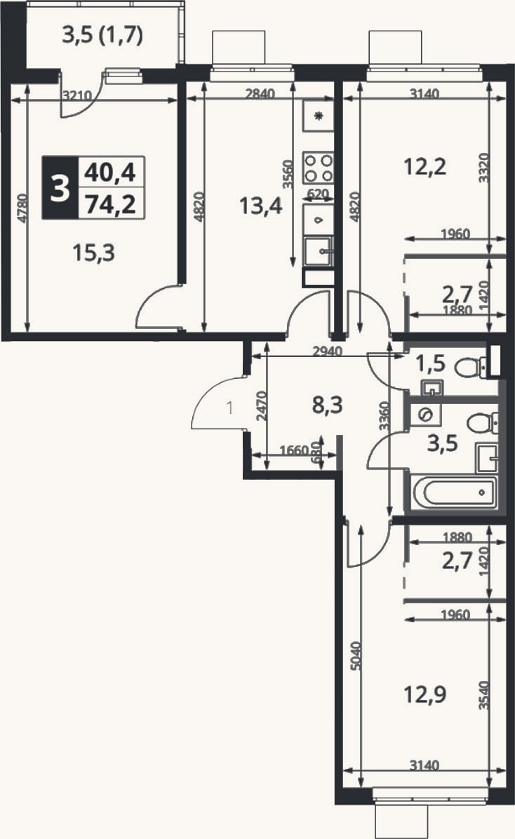Планировка: 3-к, 72,5 м²