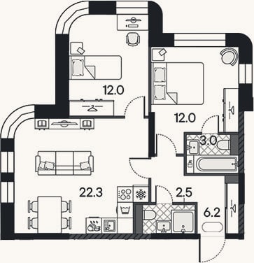 Планировка: 3-к, 58 м²