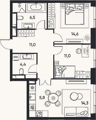 Планировка: 3-к, 67,6 м²