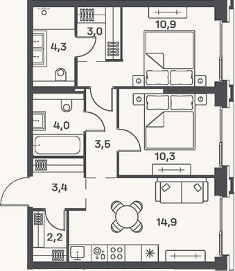 Планировка: 3-к, 56,5 м²