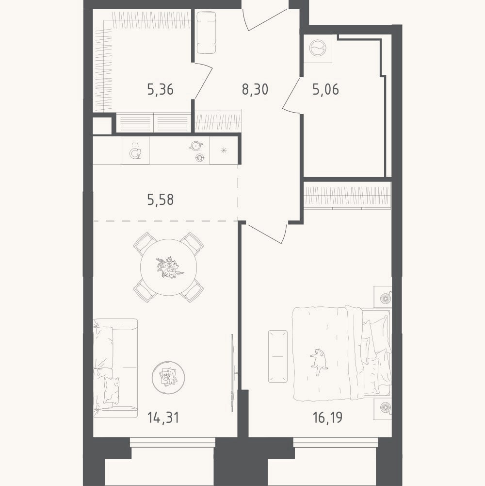 Планировка: 2-к, 54,8 м²
