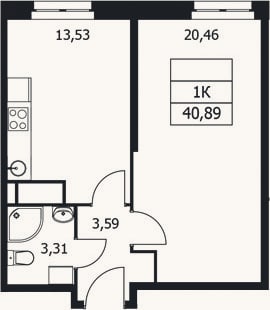 Планировка: 1-к, 40,9 м²