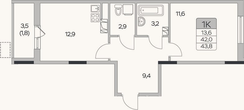 Планировка: 1-к, 42 м²
