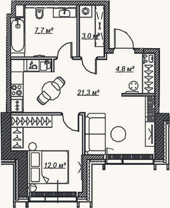 Планировка: 2-к, 48,8 м²