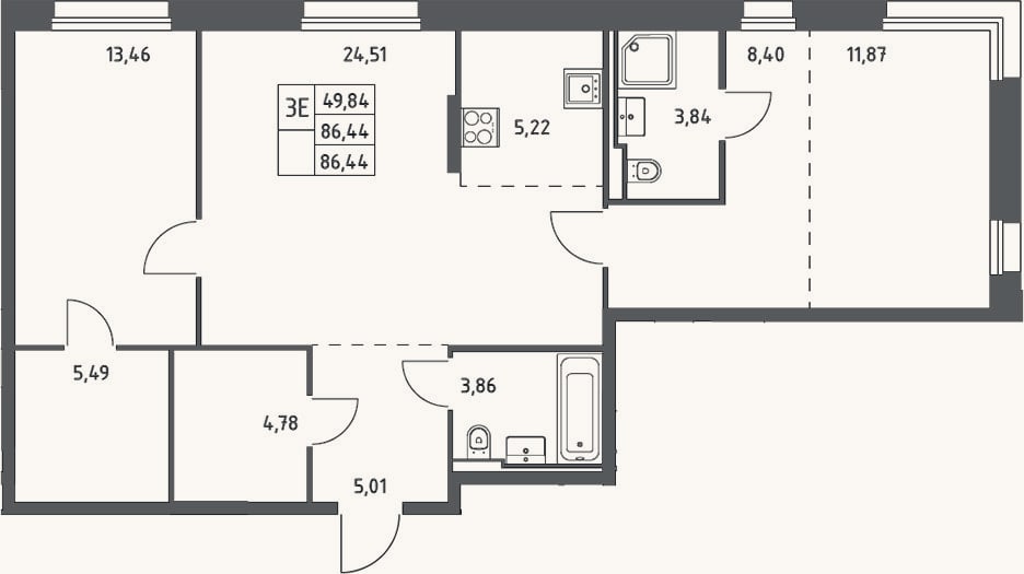 Планировка: 3-к, 86,4 м²