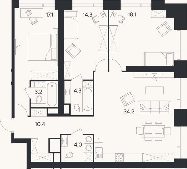 Планировка: 4+ к, 105,6 м²