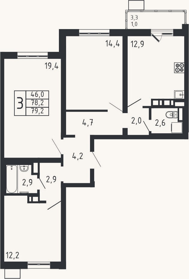 Планировка: 3-к, 78,2 м²