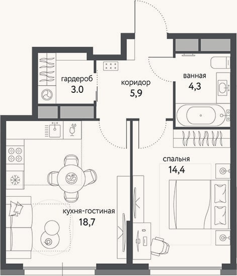 Планировка: 2-к, 46,3 м²