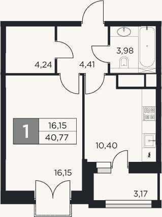 Планировка: 1-к, 39,2 м²