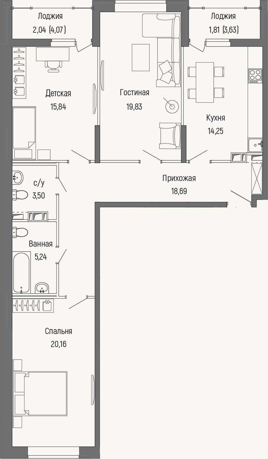 Планировка: 3-к, 97,5 м²