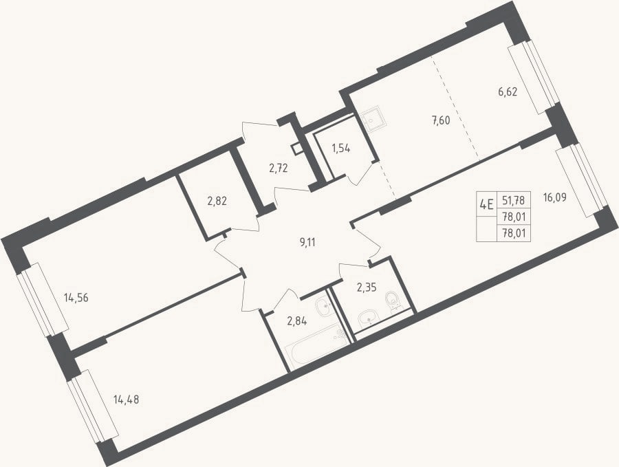 Планировка: 3-к, 76,7 м²