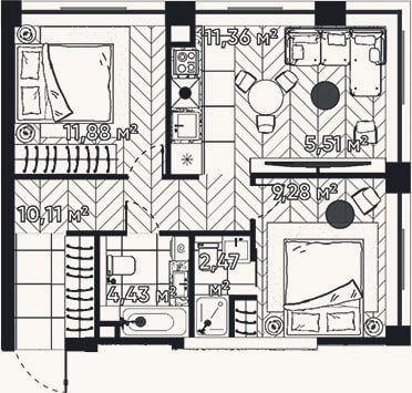 Планировка: 3-к, 55 м²