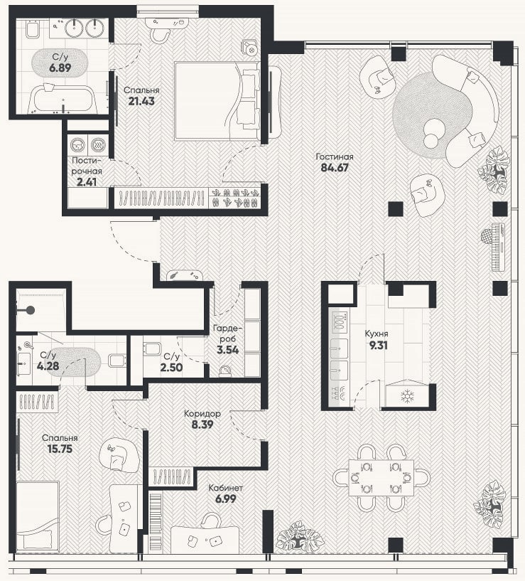 Планировка: 4+ к, 168,7 м²