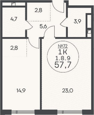 Планировка: 1-к, 57,7 м²