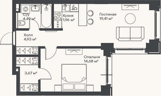 Планировка: 2-к, 49,1 м²