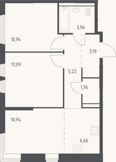 Планировка: 3-к, 55,8 м²