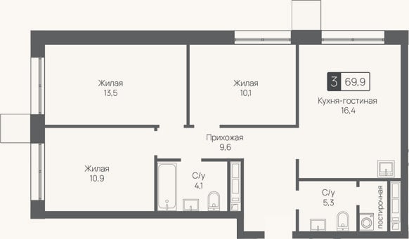 Планировка: 4+ к, 69,9 м²