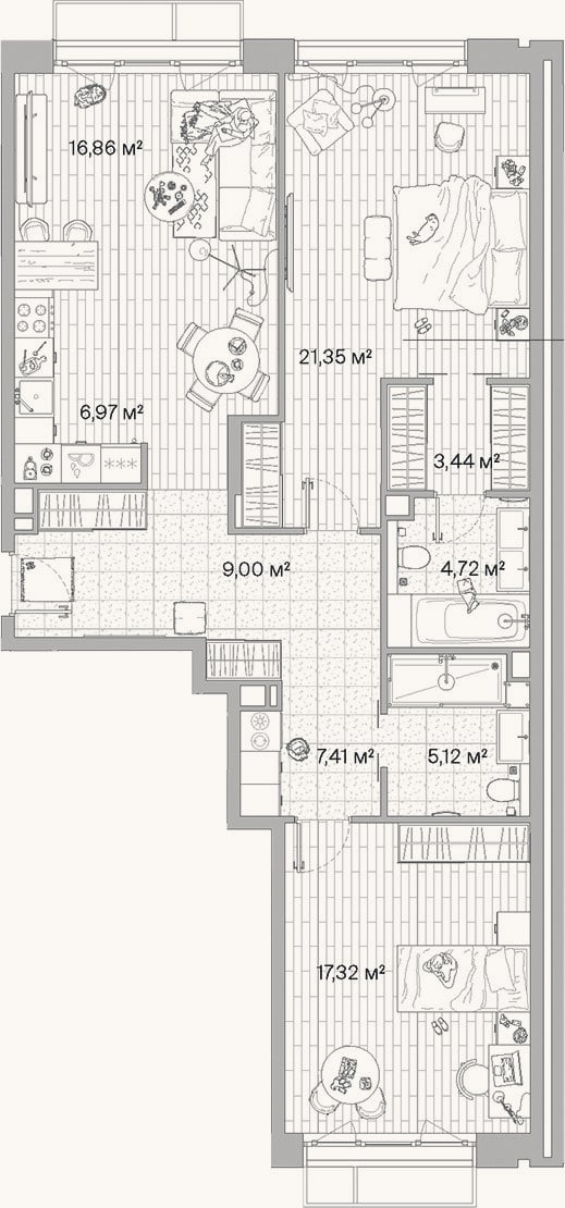 Планировка: 3-к, 92,2 м²