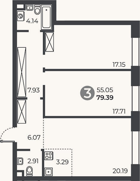Планировка: 2-к, 79,4 м²