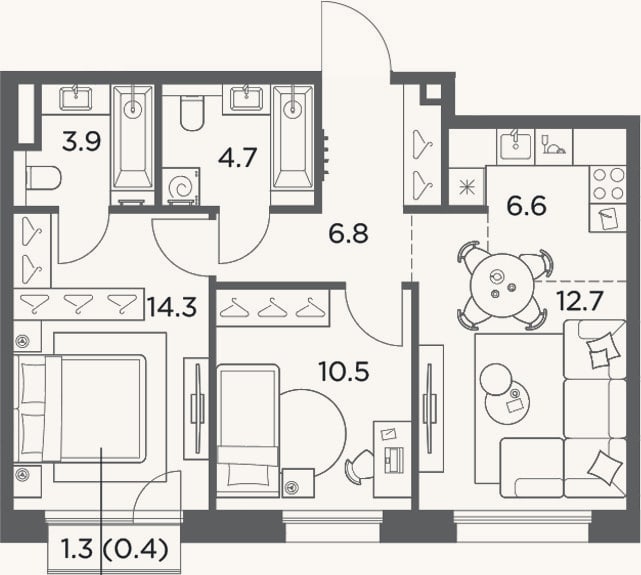 Планировка: 3-к, 59,5 м²