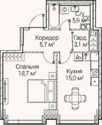 Планировка: 1-к, 48,4 м²