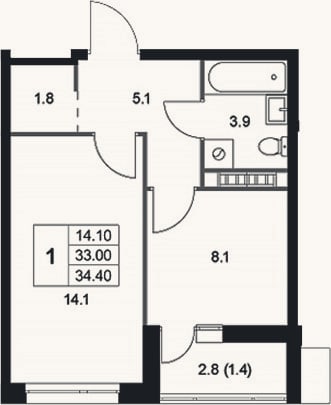 Планировка: 1-к, 33 м²