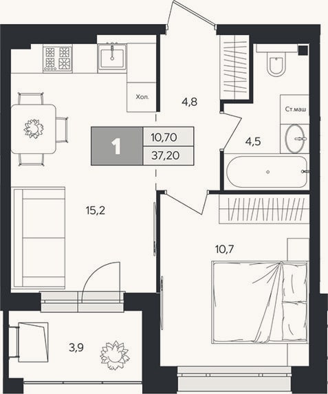 Планировка: 1-к, 35,3 м²