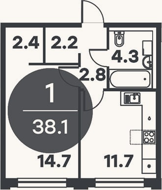 Планировка: 1-к, 38,1 м²