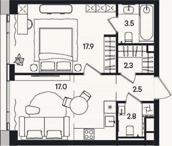 Планировка: 2-к, 46 м²