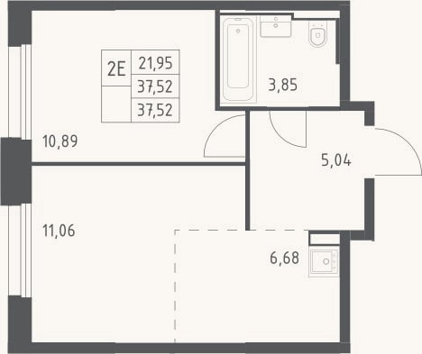 Планировка: 2-к, 37,5 м²