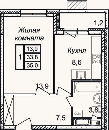 Планировка: 1-к, 33,8 м²