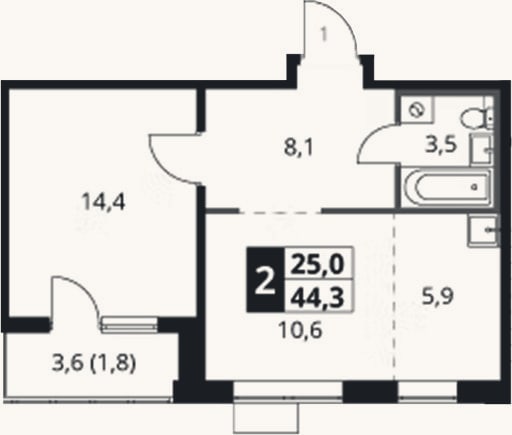 Планировка: 2-к, 42,5 м²