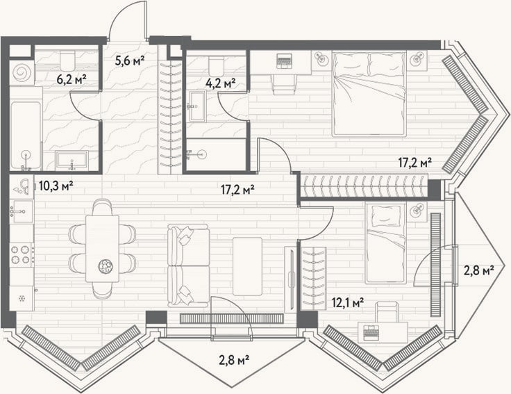 Планировка: 3-к, 72,8 м²