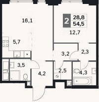 Планировка: 2-к, 54,5 м²