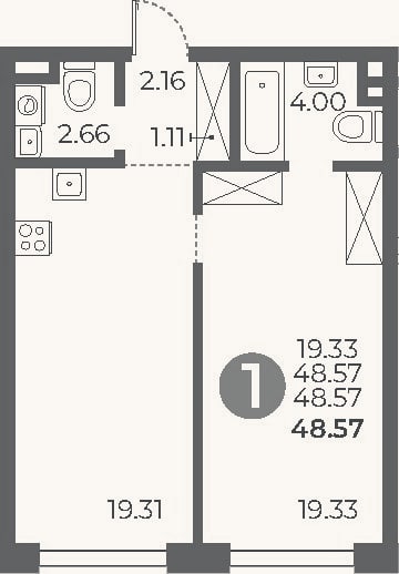 Планировка: 1-к, 48,6 м²