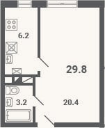 Планировка: 1-к, 29,8 м²