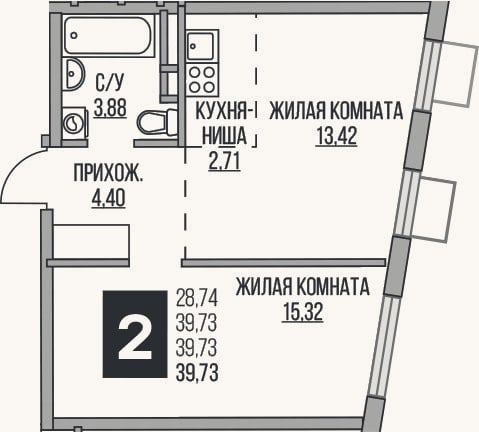 Планировка: 2-к, 39,7 м²