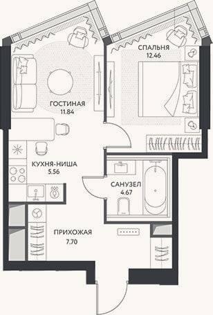 Планировка: 2-к, 42,2 м²